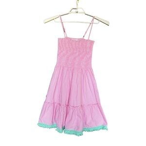 Sail to Sable spaghetti strap dress pink white gingham fringe lace trim teal XS
